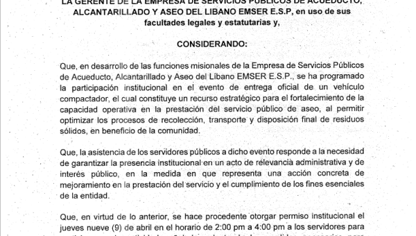 RESOLUCION NO 116 EMSER ESP OTORGA PERMISO INSTITUCIONAL PARA EVENTO ENTREGA DE VEHICULO COMPACTADOR